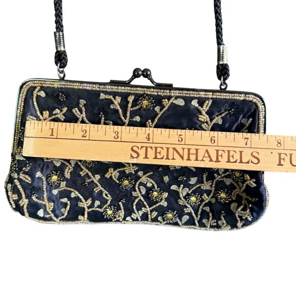 Vintage Lancome Beaded Gold Beads Flowers Shoulder Clutch Bag Women Black - Picture 7 of 10